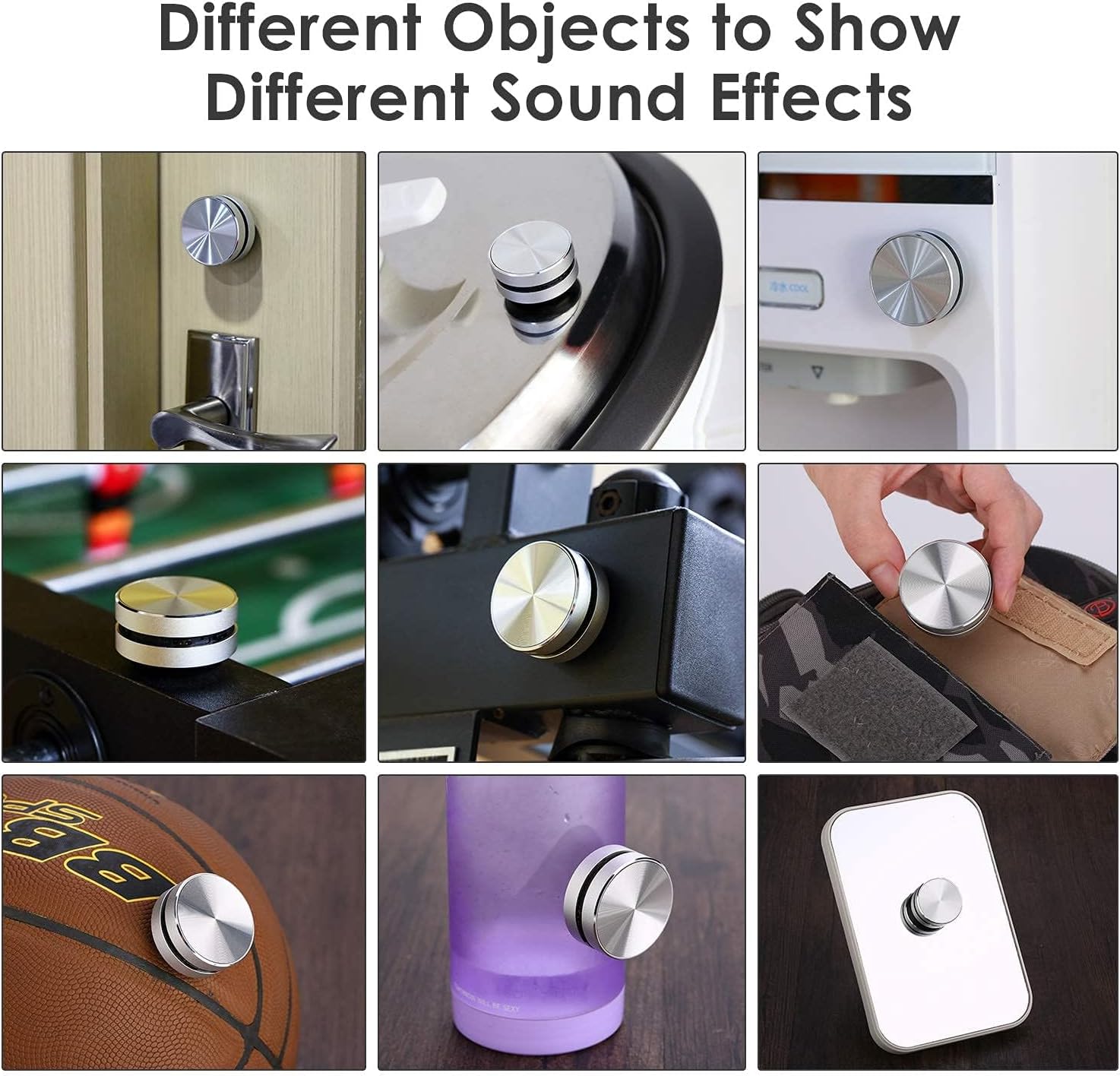 Collage of various objects with a silver knob to demonstrate different sound effects.
